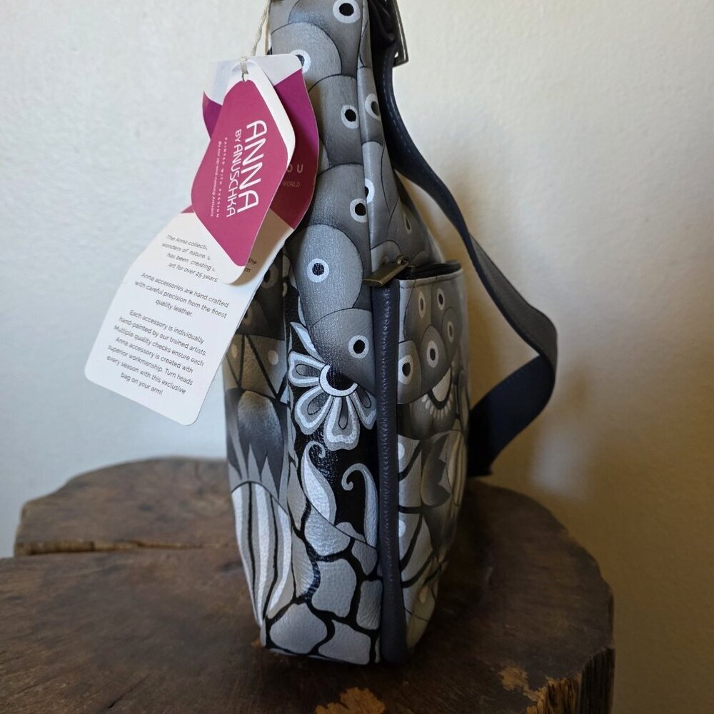 Anuschka Hand Painted Leather Hobo Bag Pewter Floral Patchwork Art NWT - Picture 12 of 16